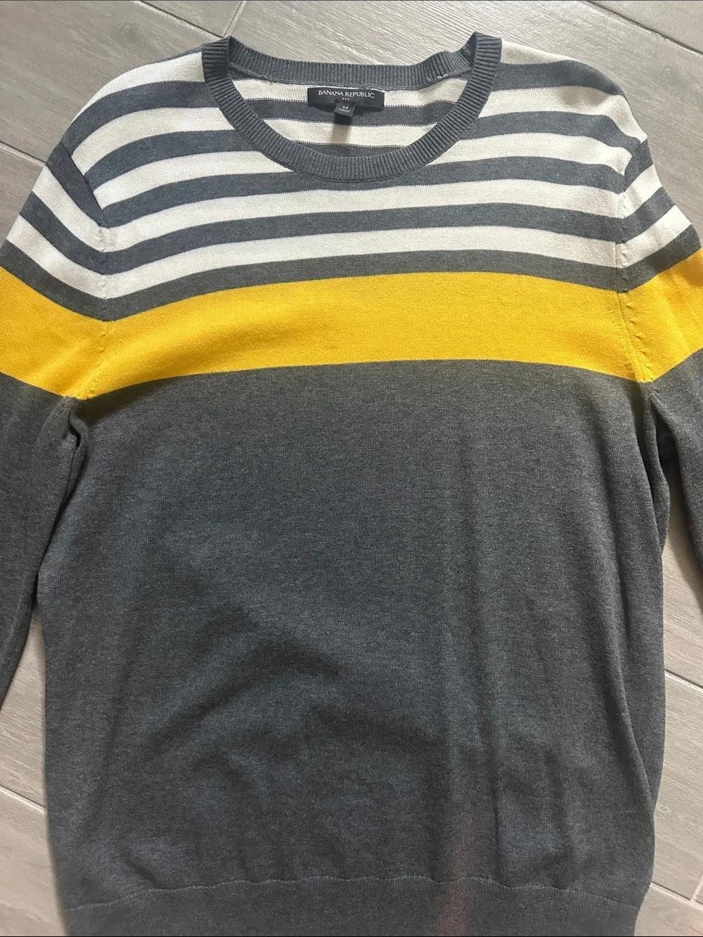 Banana Republic Men's Gray Crewneck Sweater with Yellow and White Stripes